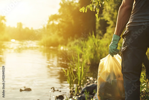 Volunteers cleaning a riverbank, wearing gloves and holding trash bags. Copyspace on the left. Bright, sunny lighting. Natural riverside background with trees.