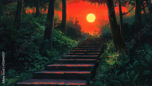 Brick staircase in the forest. Illustrations that look like a scene from an anime or game background. Blue sky, sun, clouds, sunset, night, fog, snow, rain, autumn, etc. photo