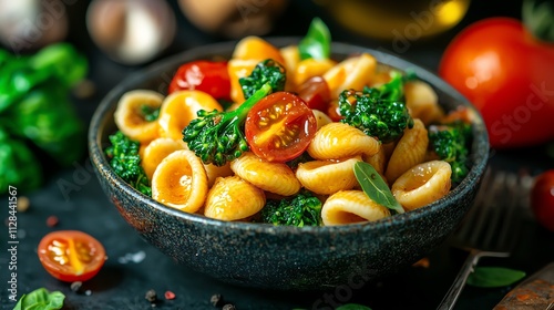 Delicious orecchiette pasta with cherry tomatoes and broccoli in a dark bowl.