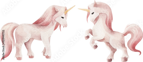 Watercolor vector cartoon unicorns. Cute illustration.