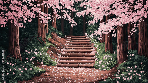 Brick staircase in the forest. Illustrations that look like a scene from an anime or game background. Blue sky, sun, clouds, sunset, night, fog, snow, rain, autumn, etc. photo