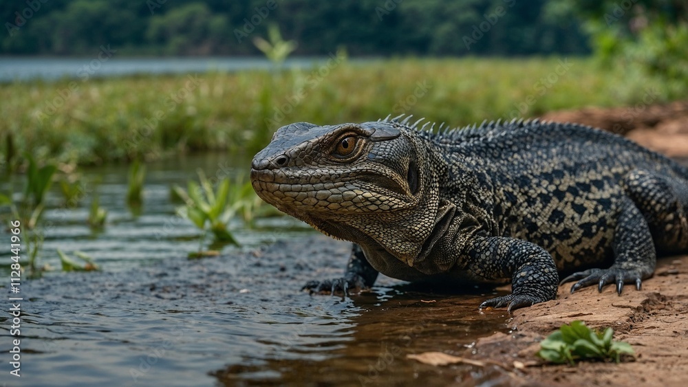 varan resting by the riverbank with lush greenery in the background for wildlife photography
varan resting by the riverbank with lush greenery in the background for wildlife photography