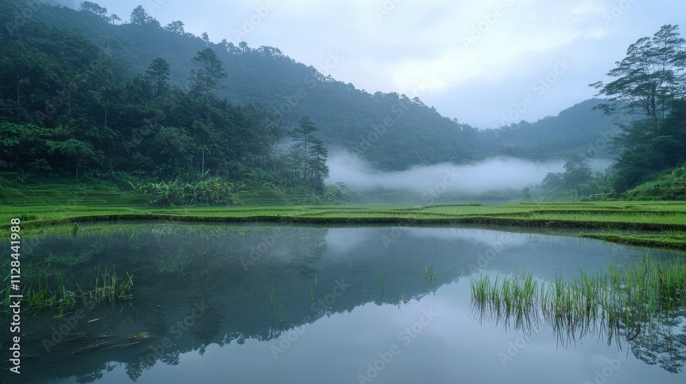 tranquil rice terrace in the early morning, with mirrored water reflecting the sky and surrounding hills. Soft mist clings to the landscape, creating a dreamy and serene atmosphere. tranquil rice terrace in the early morning, with mirrored water reflecting the sky and surrounding hills. Soft mist clings to the landscape, creating a dreamy and serene atmosphere.