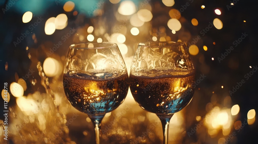 Two champagne glasses ready to bring in the New Year,toasting with champagne glasses against holiday lights and new year fireworks,eve celebration Countdown,Toast Cheering With Abstract Background. Two champagne glasses ready to bring in the New Year,toasting with champagne glasses against holiday lights and new year fireworks,eve celebration Countdown,Toast Cheering With Abstract Background.