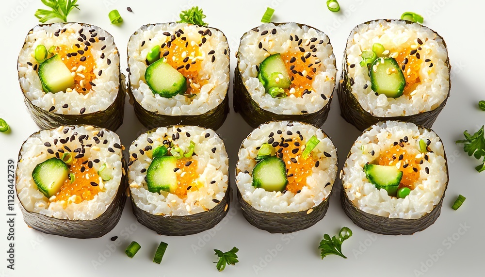 Delicious sushi rolls with fresh ingredients on a white isolated background. Delicious sushi rolls with fresh ingredients on a white isolated background.