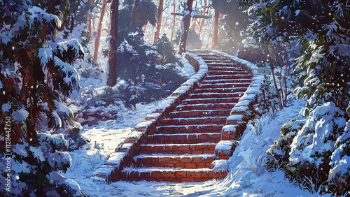 Brick staircase in the forest. Illustrations that look like a scene from an anime or game background. Blue sky, sun, clouds, sunset, night, fog, snow, rain, autumn, etc. photo