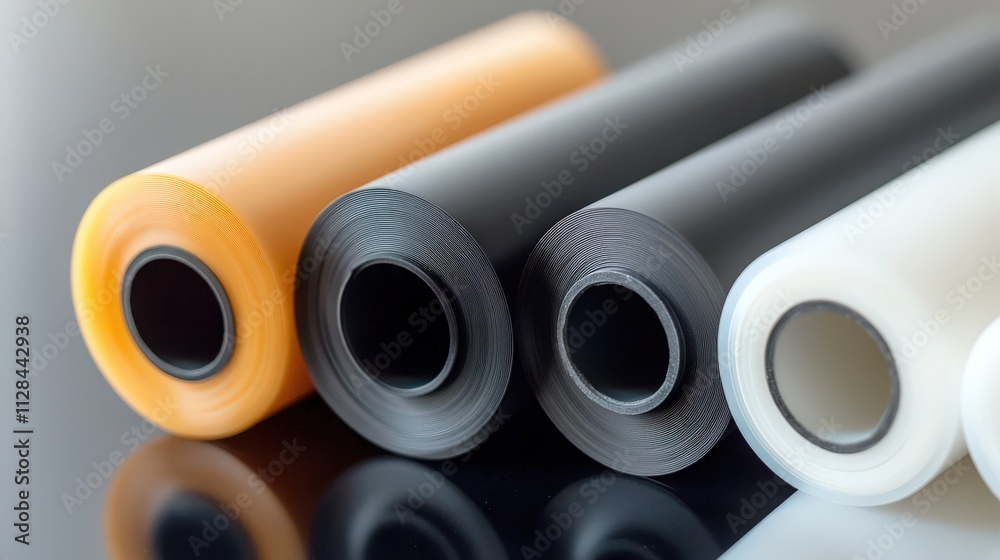 Fototapeta premium An artistic collection of vibrant rolls of film and plastic materials displayed on a glossy surface, showcasing diverse colors and textures that captivate the viewer's attention.