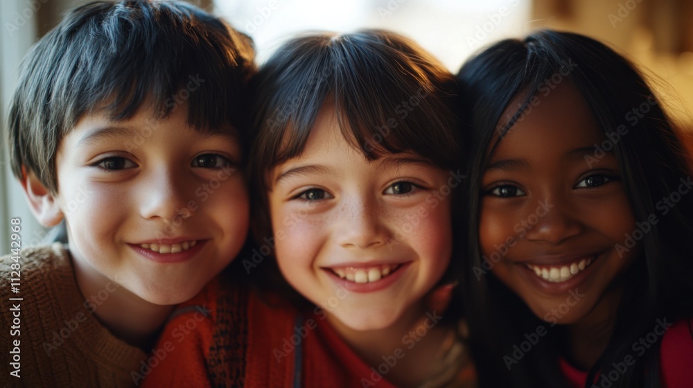 Closeup of three young children, a South Asian boy with a radiant grin and short hair, a white girl with a joyful expression and medium-length hair Closeup of three young children, a South Asian boy with a radiant grin and short hair, a white girl with a joyful expression and medium-length hair
