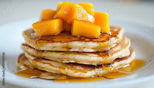 Stack of pancakes topped with fresh mango and drizzled with syrup.