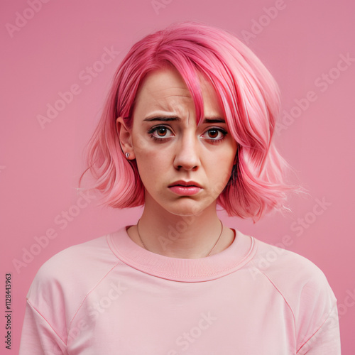 sad woman on pink background