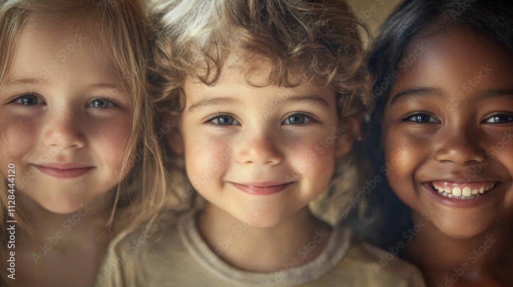 Closeup of three young children, a white boy with a joyful expression and curly hair, a South Asian girl with a playful smile and long hair Closeup of three young children, a white boy with a joyful expression and curly hair, a South Asian girl with a playful smile and long hair