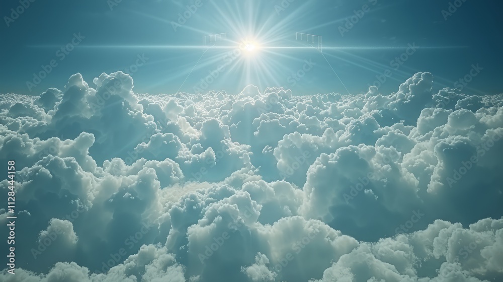Bright sun shining above a vast expanse of fluffy white clouds. Bright sun shining above a vast expanse of fluffy white clouds.
