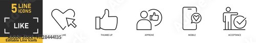 Like line icon set. Set of 5 outline icons related to like, thumbs up, approve, mobile, acceptance and more. Vector illustration.