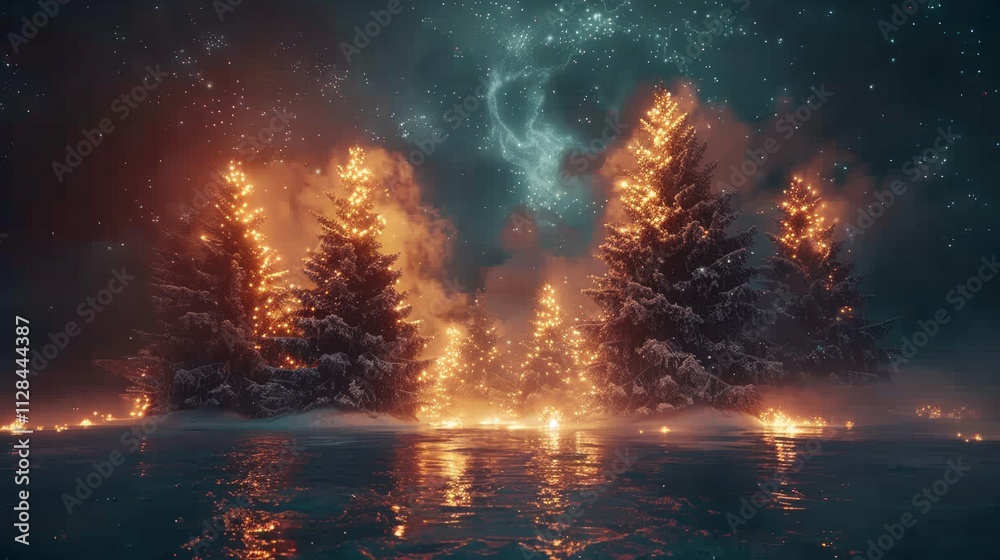 Burning snow-covered pine trees reflected in dark water under a starry night sky. Burning snow-covered pine trees reflected in dark water under a starry night sky.