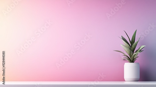 Modern Potted Plant on Pink Gradient Background, A sleek potted plant with green leaves displayed on a clean surface, set against a soft pink gradient background for a modern look.