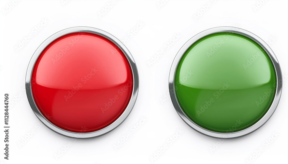 Red and green shiny 3d buttons. Round glass web icons with chrome frame.