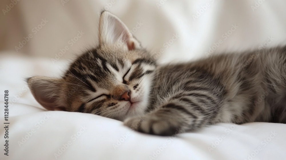 Adorable tabby kitten peacefully sleeping on a white bed. Perfect for websites, blogs, or projects about pets, comfort, or relaxation. Adorable tabby kitten peacefully sleeping on a white bed. Perfect for websites, blogs, or projects about pets, comfort, or relaxation.