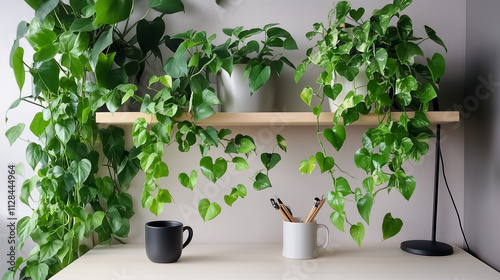 Small home office with white built-in desk, floating shelves adorned with cascading pothos and ivy, black desk lamp, ceramic mug, light wood flooring, and natural light for a serene, focused ambiance.