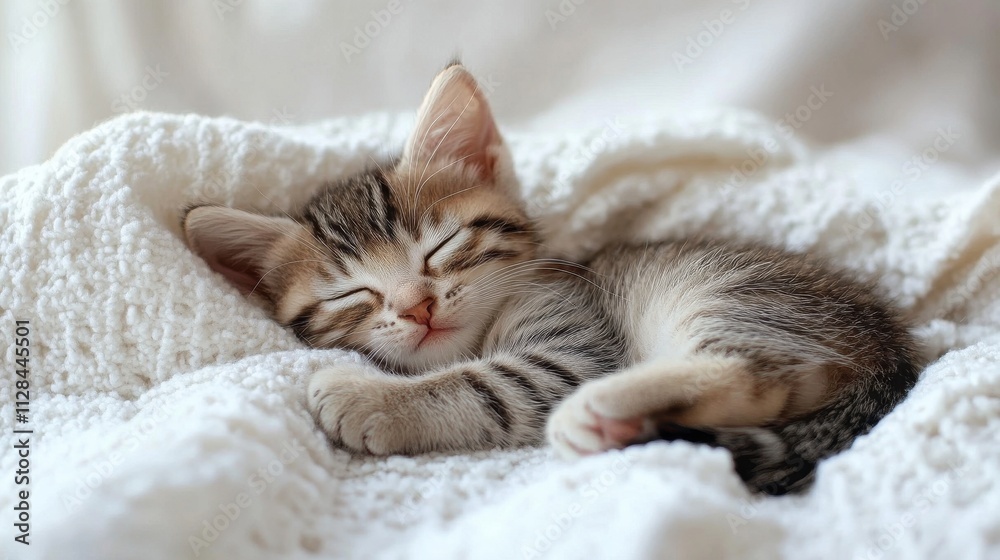 Adorable tabby kitten sleeps soundly, curled on a white blanket. Perfect for websites, blogs, or projects about pets, comfort, or sleep. Adorable tabby kitten sleeps soundly, curled on a white blanket. Perfect for websites, blogs, or projects about pets, comfort, or sleep.
