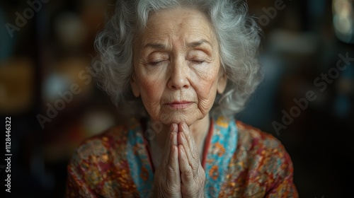 elderly woman in prayer portrait of a senior woman praying in her home