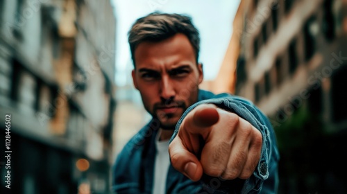 An assertive young man points emphatically towards the viewer amidst shadows in a striking urban backdrop, producing a compelling visual narrative of confidence and communication. photo