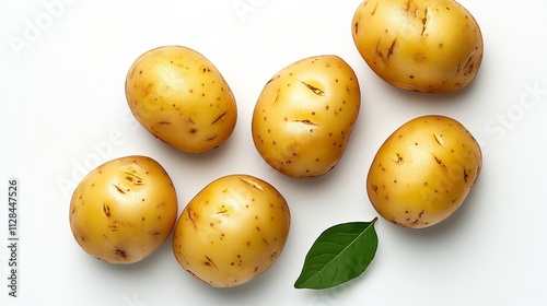 Bunch of yellow potatoes with green leaves on top. The potatoes are arranged in a row and the leaves are on the right side photo