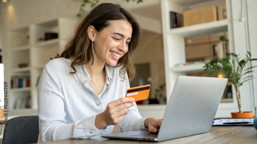 Happy office manager shopping online, browsing web stores, buying annual mobile app membership spending her salary holding orange credit card in hand
Happy office manager shopping online, browsing web stores, buying annual mobile app membership spending her salary holding orange credit card in hand