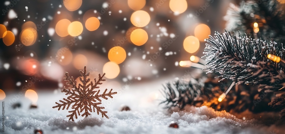 A beautiful winter background with snowflakes and bokeh lights