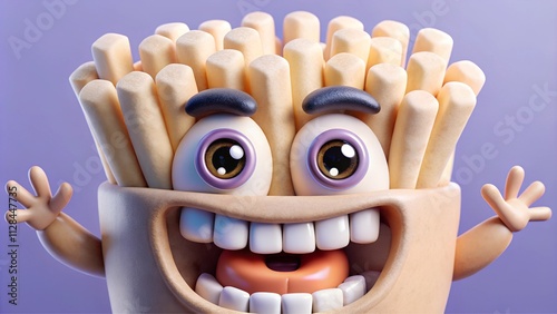 Joyful French Fries Cartoon Character: Close-up, 3D Render, Purple Background.
 photo