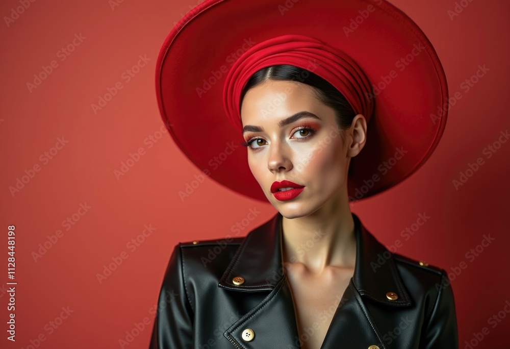 A woman with red lipstick and a large red hat poses against a red background. A woman with red lipstick and a large red hat poses against a red background.