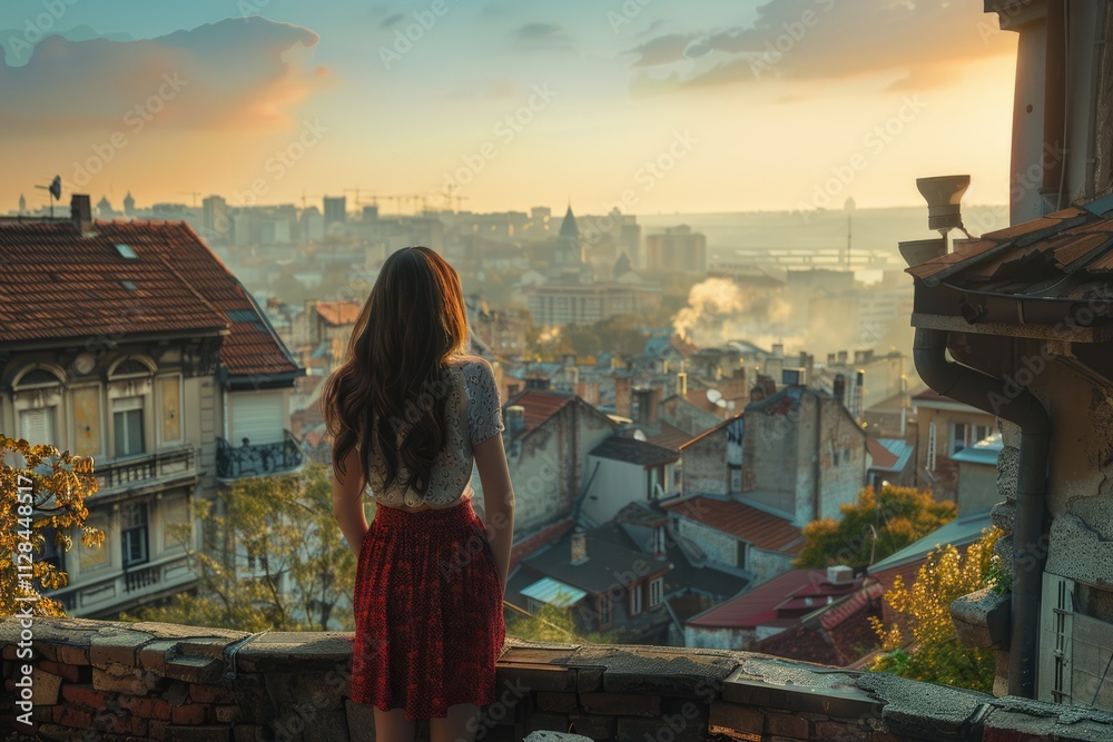 Fototapeta premium Woman admires Belgrade skyline captivated by historic charm.