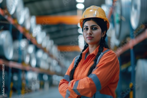 Indian woman staff worker engineer supervisor in safety suit work in factory warehouse