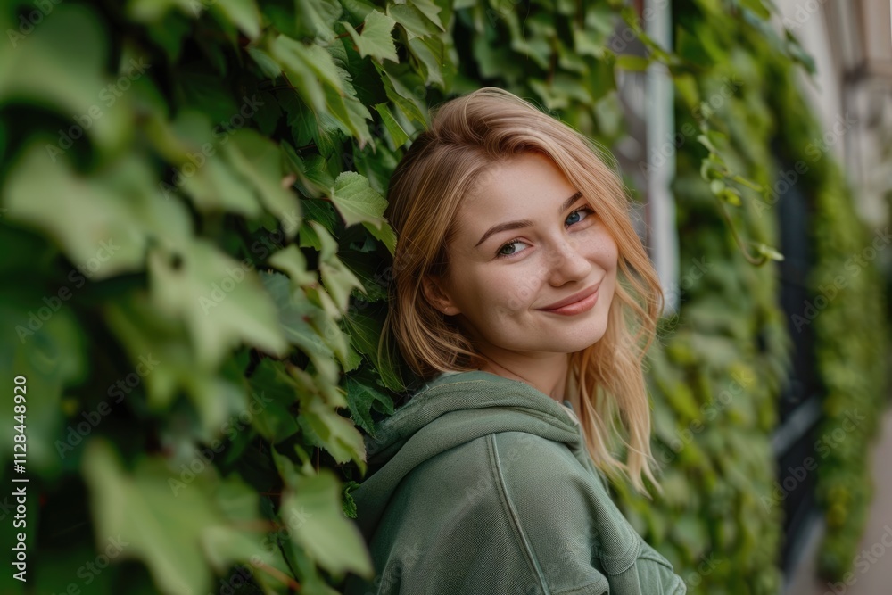 Smiling woman in European city street with green hedge. Smiling woman in European city street with green hedge.