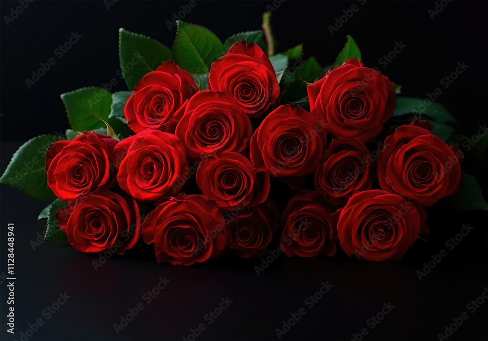 Obraz premium Bouquet of red roses with green leaves, black background, horizontal, copy space