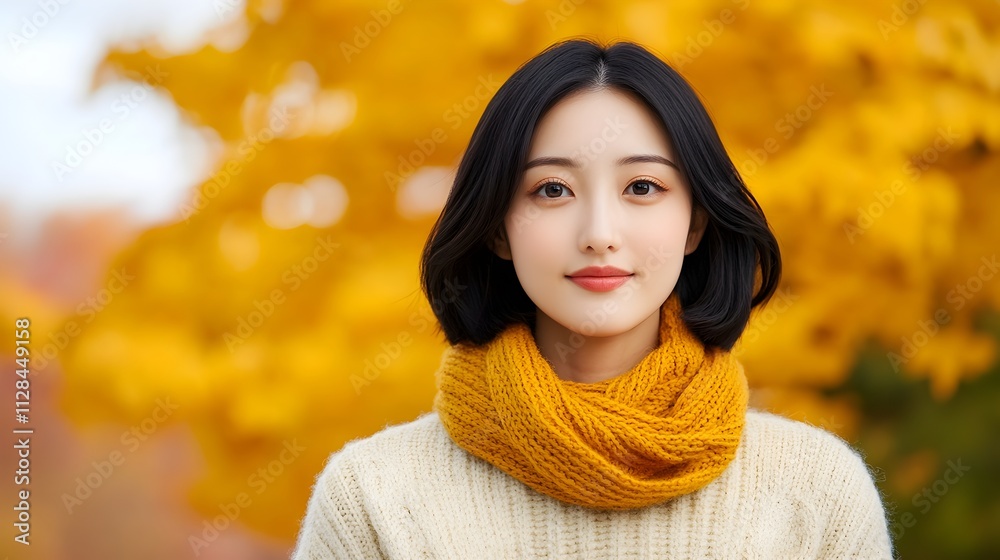 Elegant Asian Female Model Posing in Cozy Autumn Sweater and Scarf Standing Next to a Tree with Golden Leaves for Fall Fashion Photography Elegant Asian Female Model Posing in Cozy Autumn Sweater and Scarf Standing Next to a Tree with Golden Leaves for Fall Fashion Photography