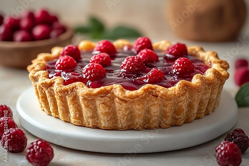 Freshly baked raspberry tart with a golden crust