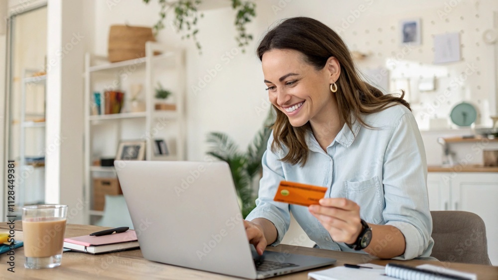 Happy office manager shopping online, browsing web stores, buying annual mobile app membership spending her salary holding orange credit card in hand
Happy office manager shopping online, browsing web stores, buying annual mobile app membership spending her salary holding orange credit card in hand