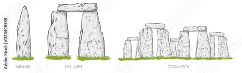 Menhir, Cromlech and Dolmen Hand-drawn linear cartoon sketch. Vector illustration. isolated on white background
