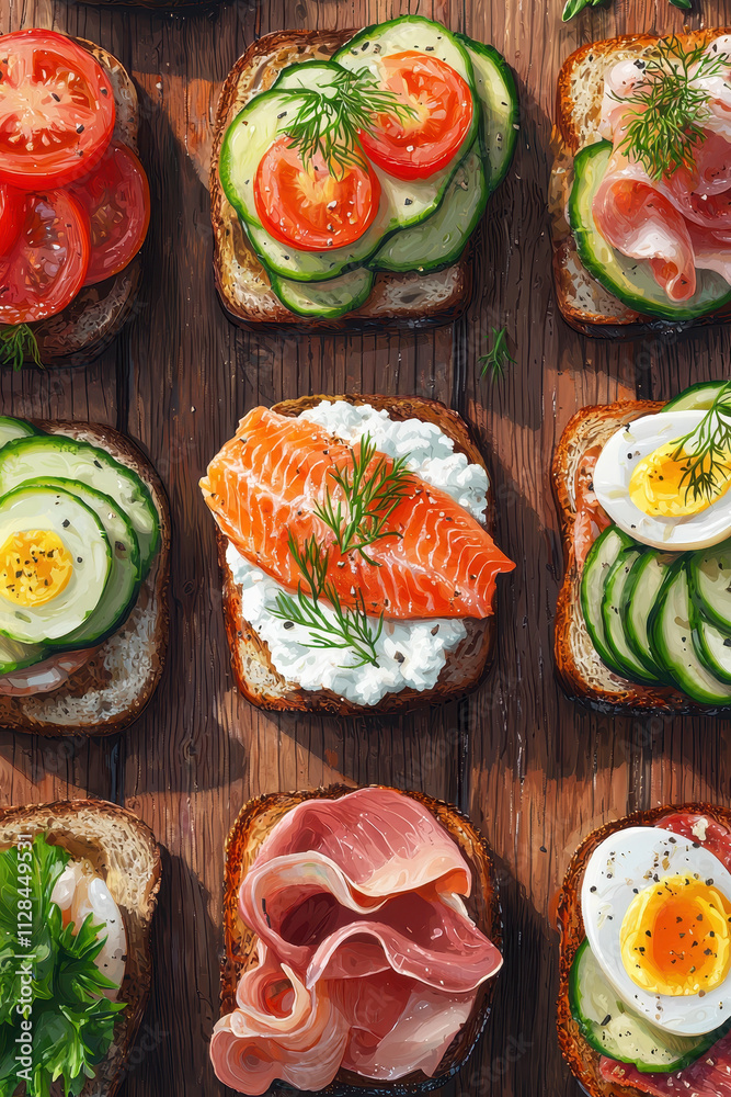 Explore a Mouthwatering Visual Symphony of Gourmet Open-Faced Sandwiches with Vibrant Vegetables and Savory Salmon Delight Explore a Mouthwatering Visual Symphony of Gourmet Open-Faced Sandwiches with Vibrant Vegetables and Savory Salmon Delight