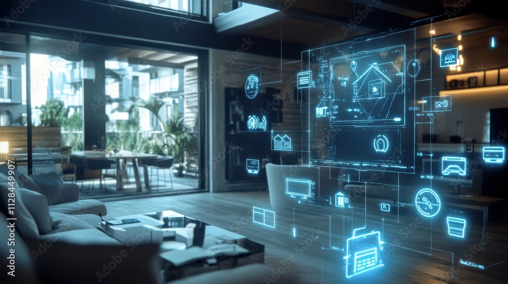 An innovative living room scene where holographic displays are visualized, highlighting smart home functionalities through an elegant and contemporary interior design concept. An innovative living room scene where holographic displays are visualized, highlighting smart home functionalities through an elegant and contemporary interior design concept.
