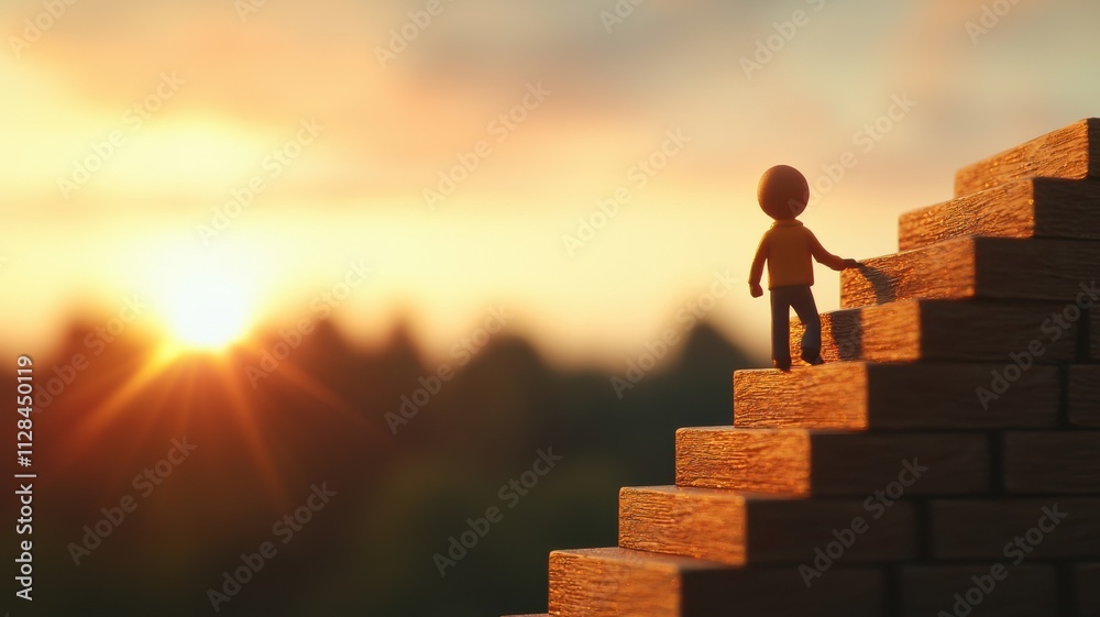 A small figure climbs steps toward a glowing sunset, symbolizing ambition and progress in a serene landscape. A small figure climbs steps toward a glowing sunset, symbolizing ambition and progress in a serene landscape.