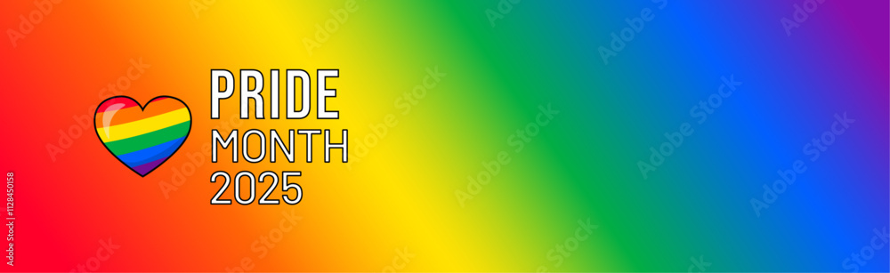 Pride Month banner with Pride Flag. LGBTQ Rainbow flag with Pride Month text. Love is Love 2025 Pride Month banner with Pride Flag. LGBTQ Rainbow flag with Pride Month text. Love is Love 2025