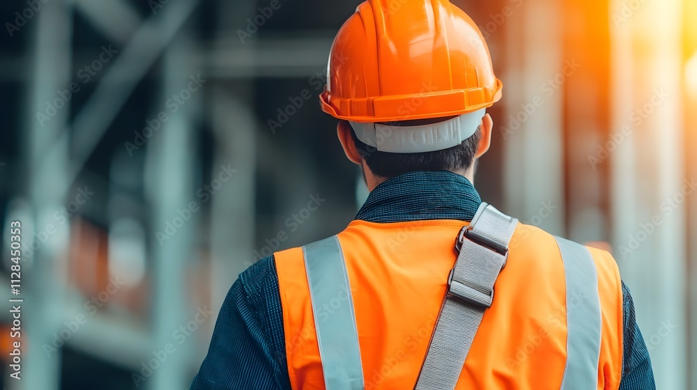 Professional Technician Working on Telecommunication Tower Wearing Safety Harness under Bright Sunlight Overhead Professional Technician Working on Telecommunication Tower Wearing Safety Harness under Bright Sunlight Overhead