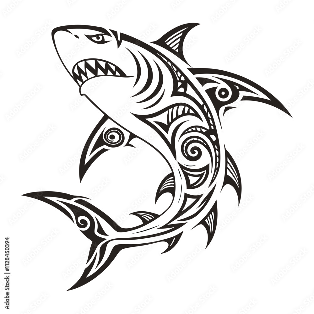 Fototapeta premium Tribal shark design black and white illustration