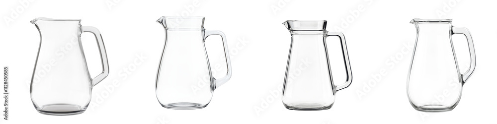 Assortment of clear glass pitchers carafes and jugs against a plain white background Various shapes and sizes of minimalistic modern and traditional glassware for serving water juice Assortment of clear glass pitchers carafes and jugs against a plain white background Various shapes and sizes of minimalistic modern and traditional glassware for serving water juice