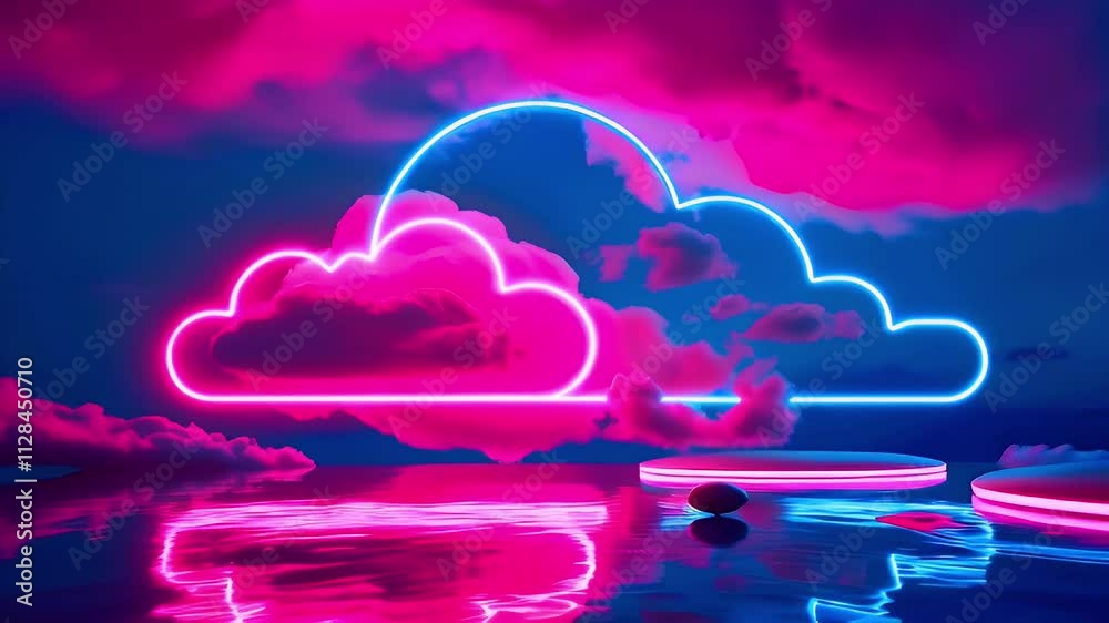 A surreal landscape featuring neon clouds and reflections in water, creating a dreamy atmosphere.