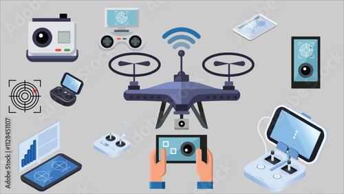 Realistic drones set, remote controllers. Remote control, location, sensors  on white background. Vector illustration.