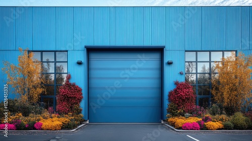 external facade of an industrial or commercial building use as a workplace warehouse factory or retail space using an overhead door roller shutter or roller door provides safety and securit photo