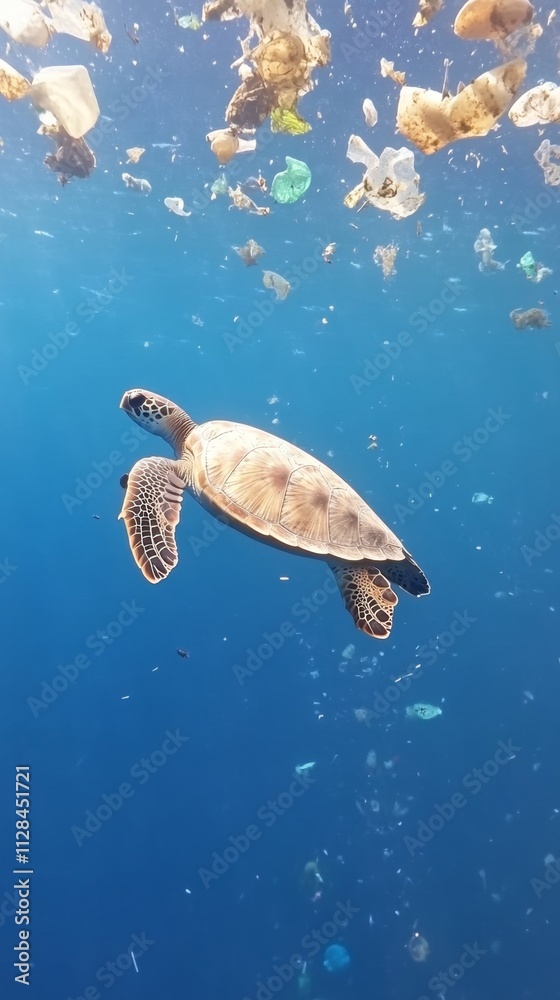 Obraz premium Sea Turtle in Polluted Ocean: A Cry for Help