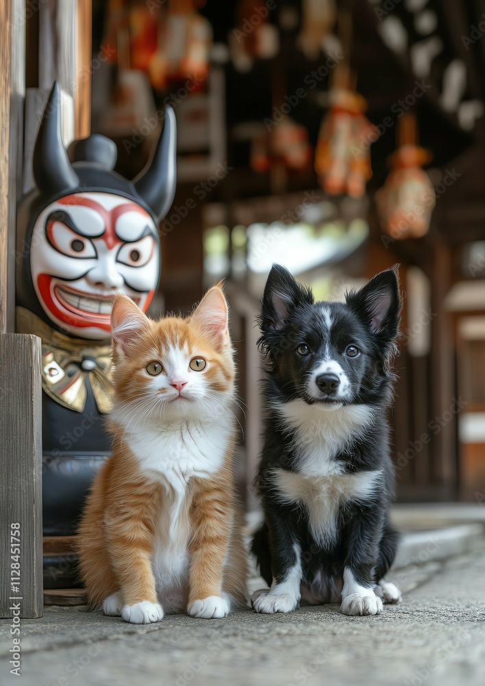 Adorable kitten and puppy pose together outdoors ,cats with daruma dolls in Japan, cats with daruma in Japanese temple, cute cats with daruma statues ,Temple Cats in Japan